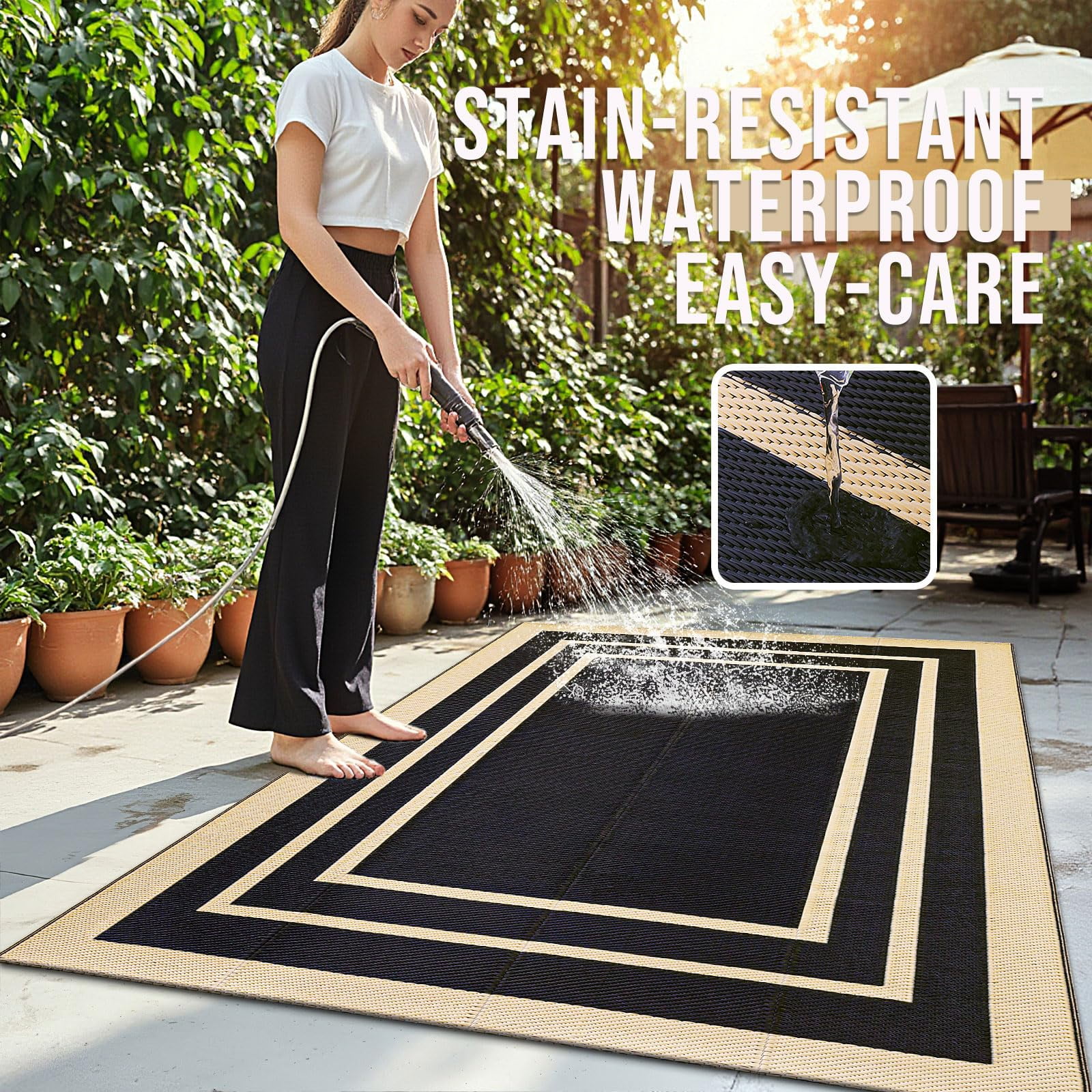 Smiry Outdoor Rugs 6x9, Waterproof Plastic Straw Indoor Outdoor Mat for Patio, RV Camping, Deck,Porch, Black & Beige