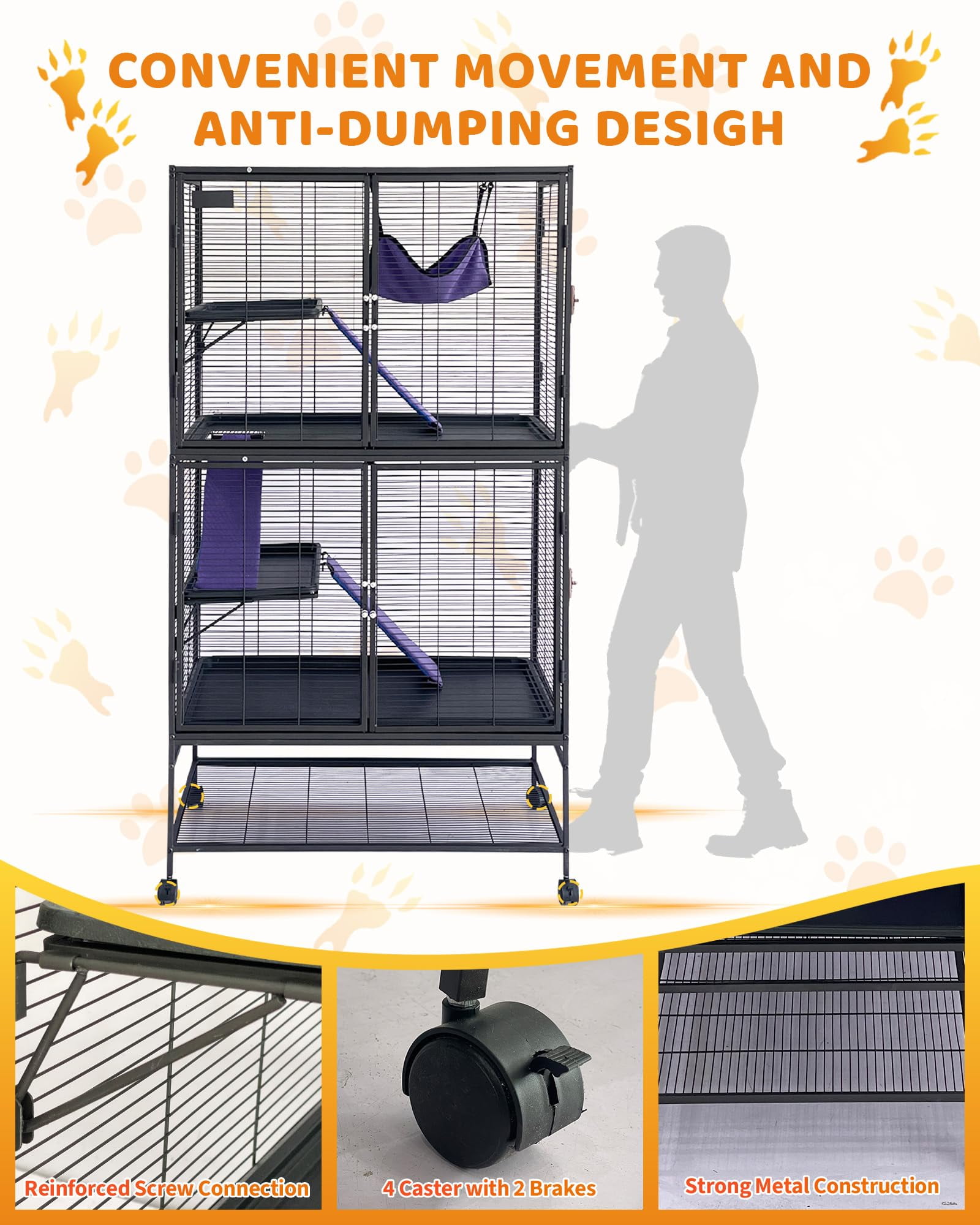 4-Tier Heavy-Duty Small Animal Cage for Ferrets, Chinchillas, Guinea Pigs, Hamsters, Rabbits – Metal Construction, Ramp, Hammock, Storage Shelf, Removable Tray – Easy Assembly & Cleaning