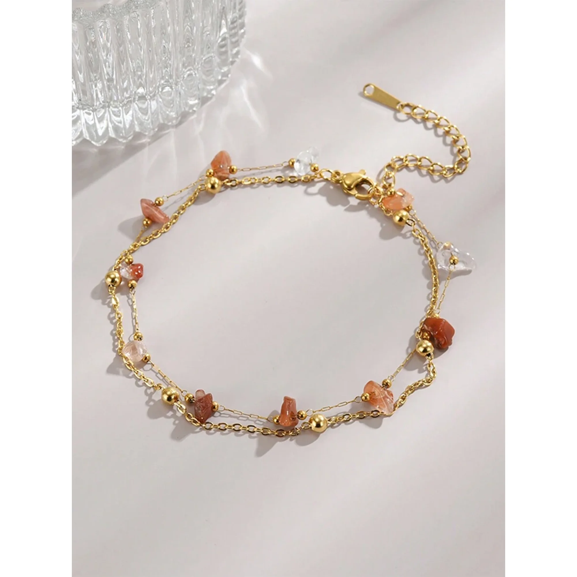 Double Strand Peach Stone Anklet in Yellow Gold-6 Finish