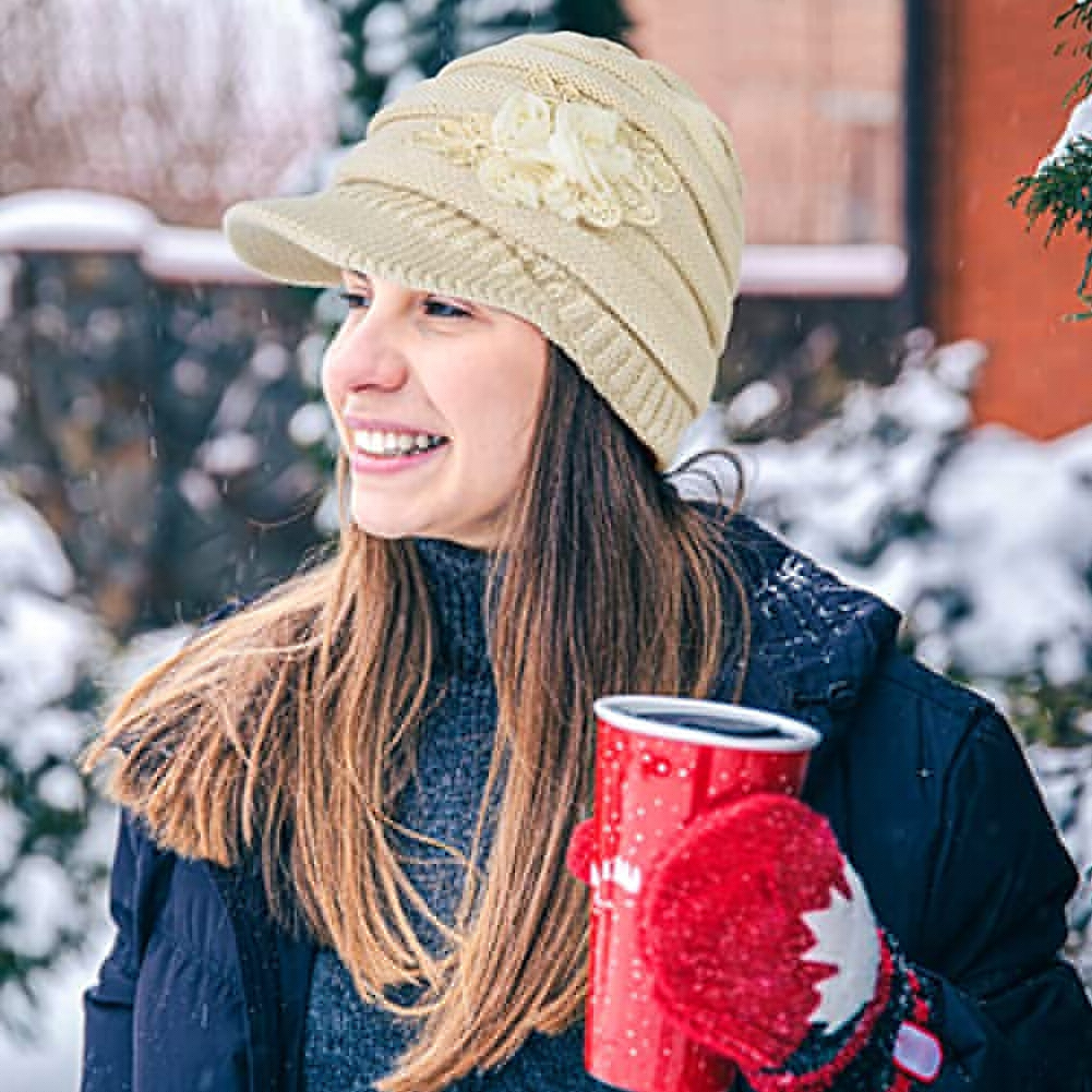 thumbnail image 5 of Yirtree Womens Hats Winter Beanie with Brim Warm Cable Knit Newsboy Cap Visor with Sequined Flower, 5 of 8