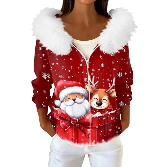 Women's Fashion Casual Sweater with Zipper Print, Plush Hooded Cardigan Jacket for Christmas Season and Cozy Wear,Vermilion,M