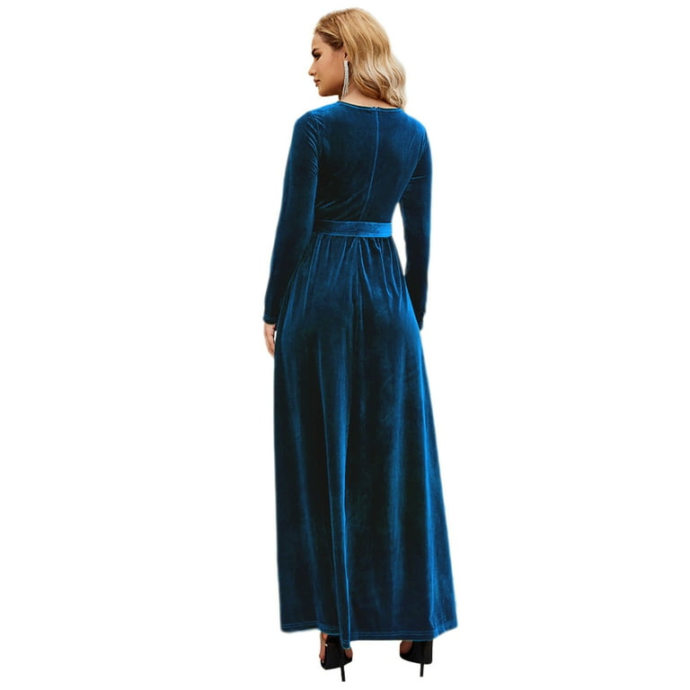 IBTOM CASTLE Women's Fall Winter Velvet Dress Long Sleeve Round Neck Maxi  Dress with Belt Wedding Guest Cocktail Gown Evening Party Dress XXL Blue -  Walmart.com