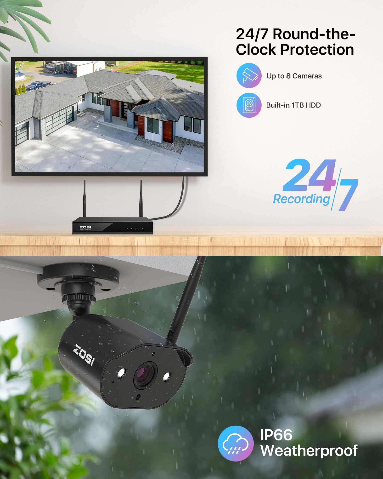 3MP Wireless Wi-Fi Security Camera System with 2 Way Audio, ZOSI 2K 8CH WiFi 6 NVR, 8PCS Outdoor WiFi Camera with Color Night Vision, AI Detection, 2TB HDD for 24/7 Recording, Smart Home Security