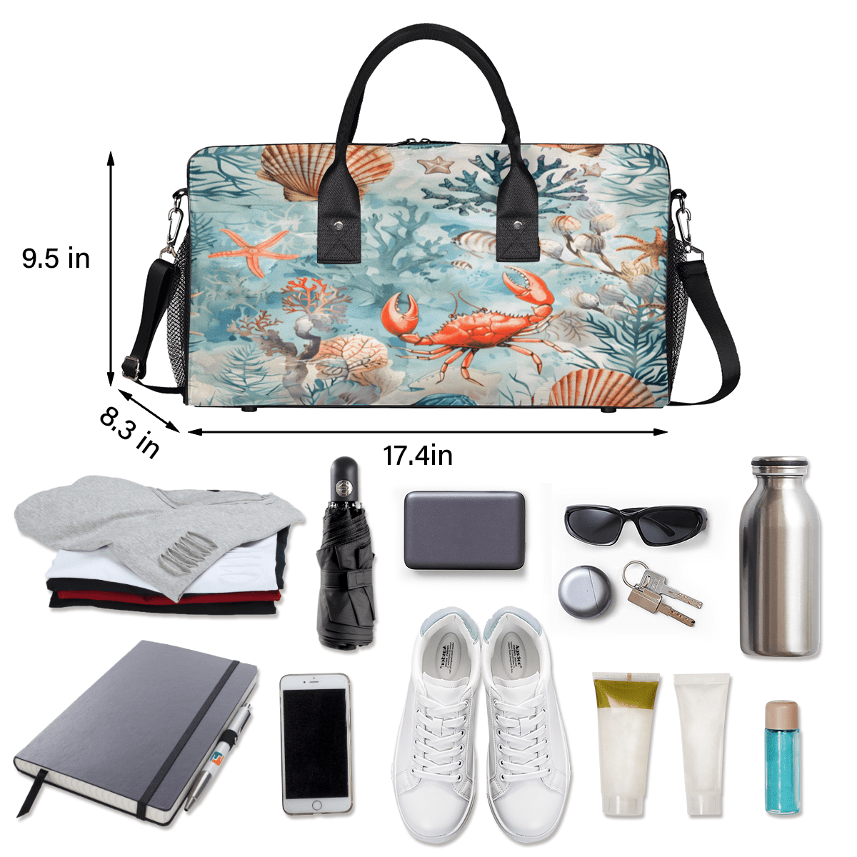 Herdesigns Shells Starfish Crab Gym Duffle Bag for Men Women, Travel Sports Bag Waterproof Lightweight Weekend Carry On Tote