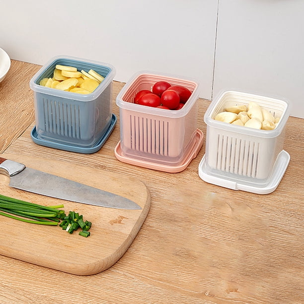 Caja organizadora de plástico para frigorífico con drenaje - Almacenamiento sellado para jengibre, ajo, condimentos, verduras y carne