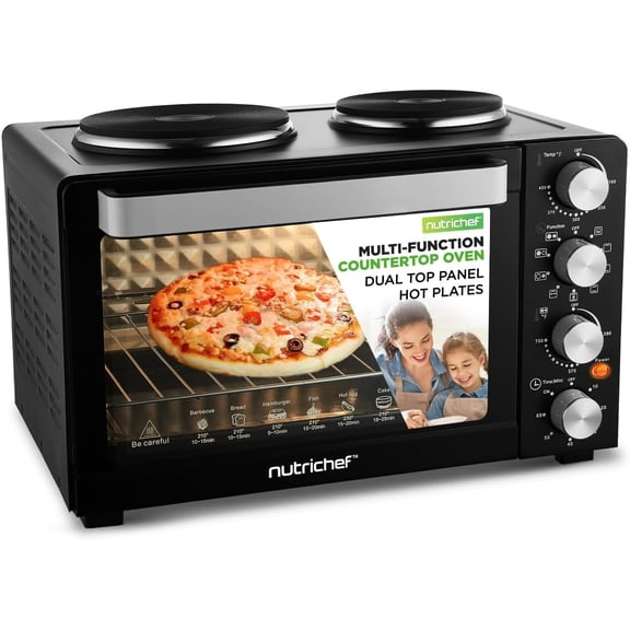 2-in-1 Convection Oven & Cooker - 30 Quart, 1500W Multi-Function Kitchen Oven with Dual Hot Plates, 7 Cooking Modes Including Rotisserie, Broil, Bake - 19.6 x 16.0 x 13.5 Inches