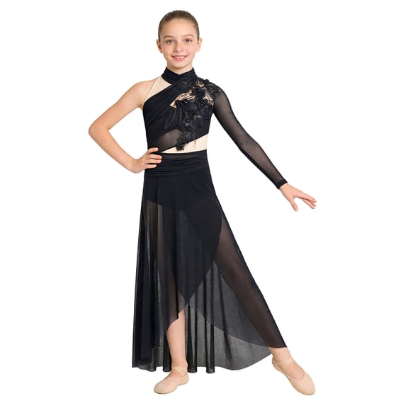 TTAO Teen Girls Ballet High-Low Skirt Latin Jazz Contemporary Dance Dress Dancing Gymnastics Skirted Leotard Black 8