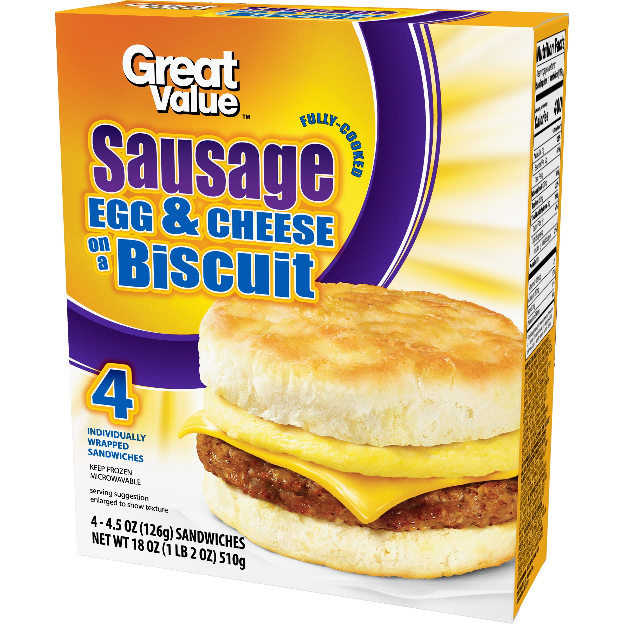Great Value Biscuit Sandwiches Sausage Egg and Cheese, 4 Count (Frozen) -  Walmart.com