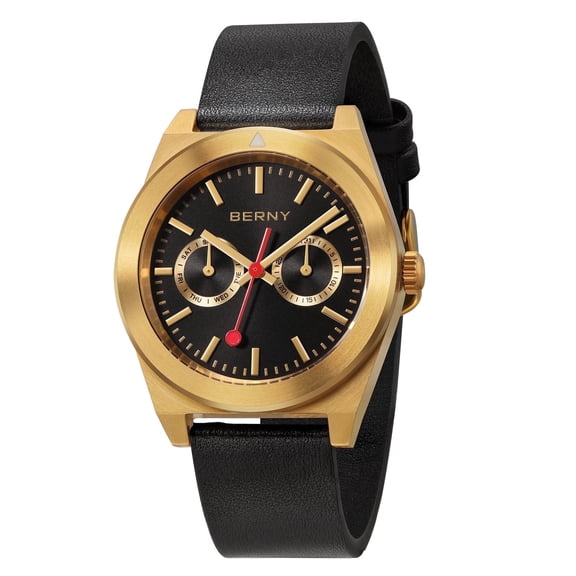 BERNY Gold Watches for Men, Classic Vintage Quartz Analog Watch with Day & Date Calendar, Leather Strap, Stainless Steel, Luminous, Waterproof, Fashion Sport Casual Men's Wristwatch (Black)