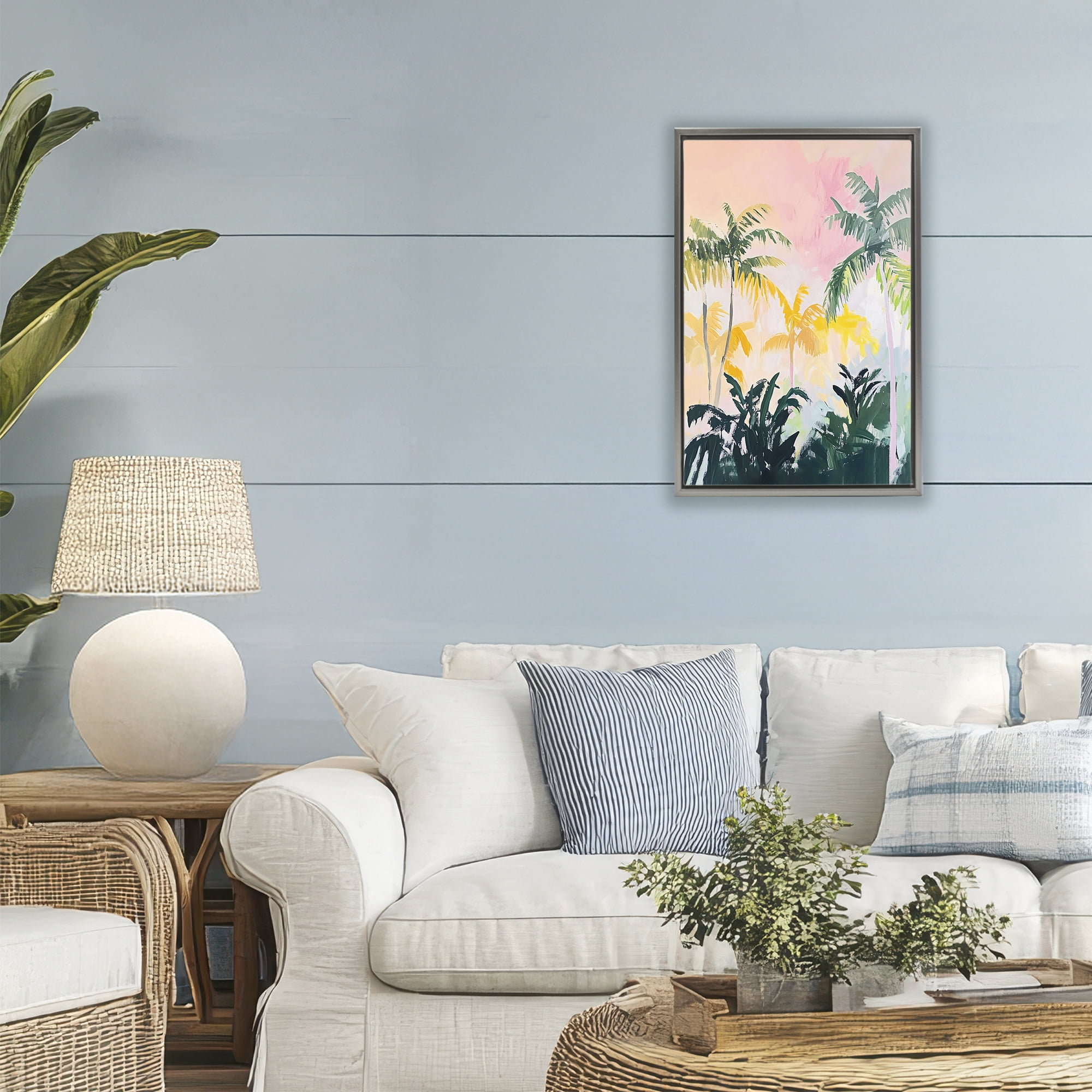 Stupell Industries Pastel Palms in Morning Glow Gray Framed Floater Canvas Wall Art, design by The Prints Vibe