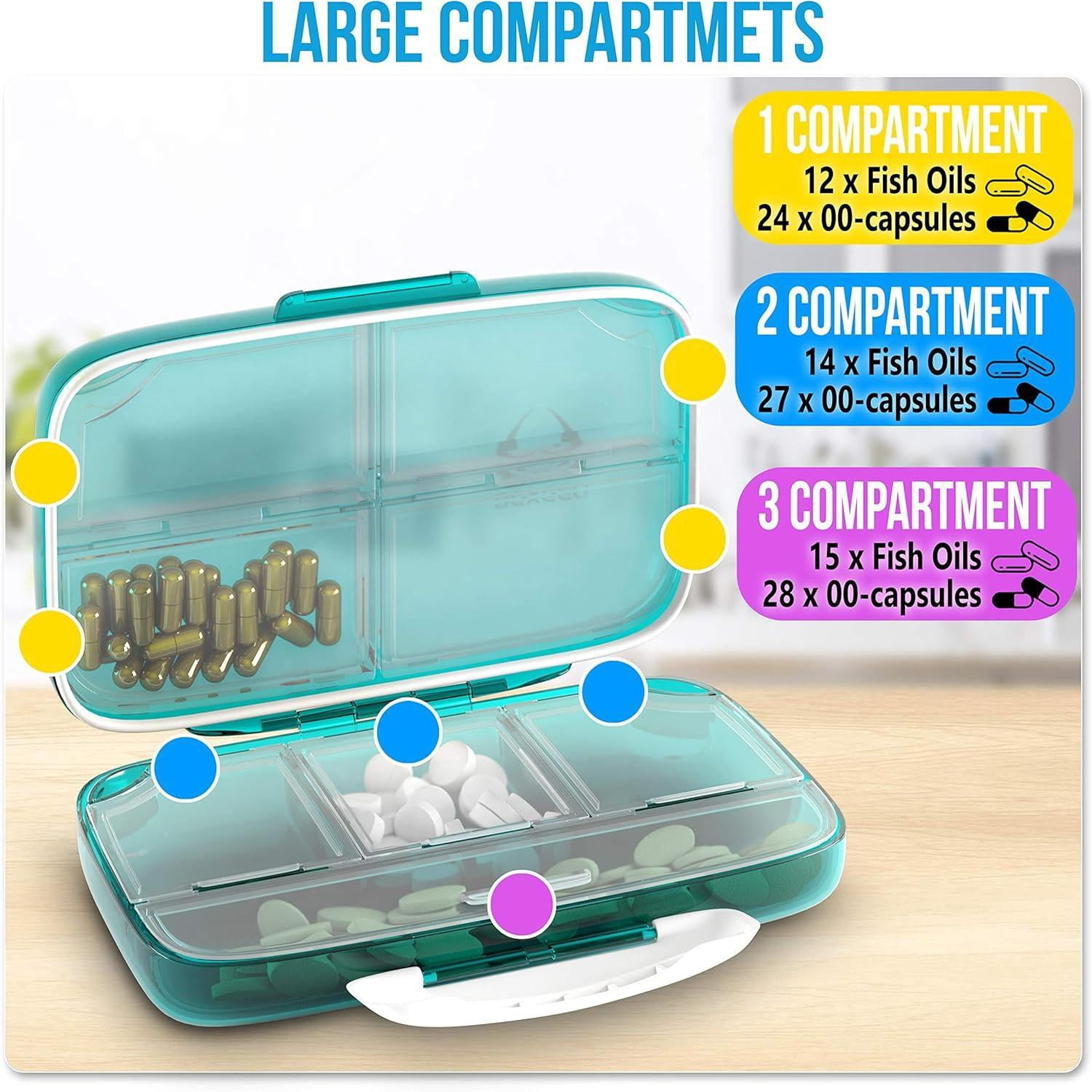 Pill Organizer Airtight Pill Box Large Pill Dispenser Home Travel Supplement Holder Portable Vitamin Sorter Jumbo Size 8 Compartment Airtight Vitamin Container Daily Medicine