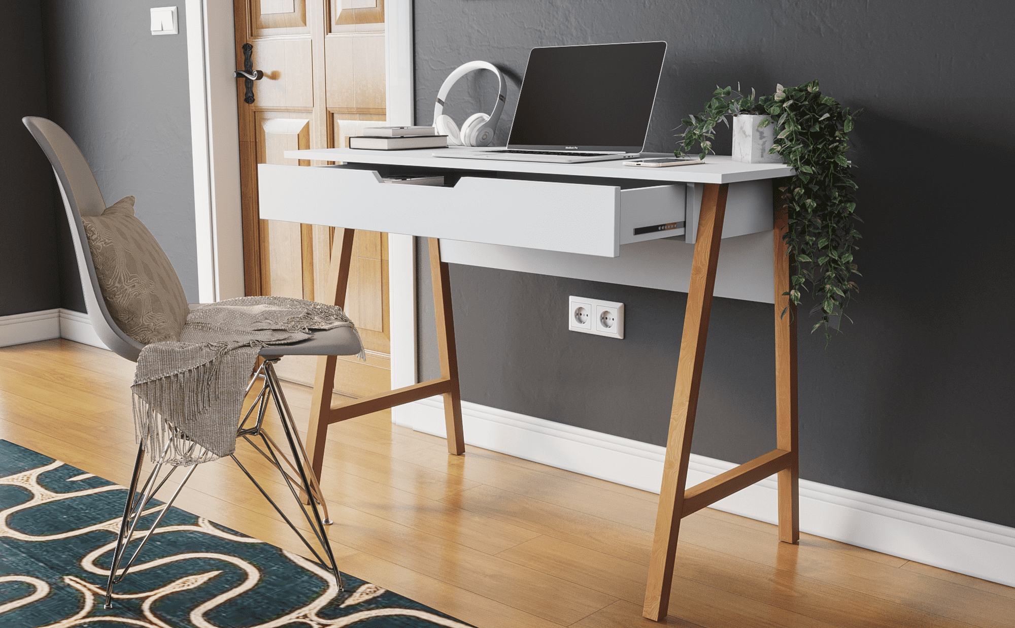 Modern Designs by Crafts and Comfort Parma 42 Inch Home Office Desk Small Computer Desk with Wide Drawer - Great for use as Workstation and Writing for Students in Bedroom or Dormroom - White