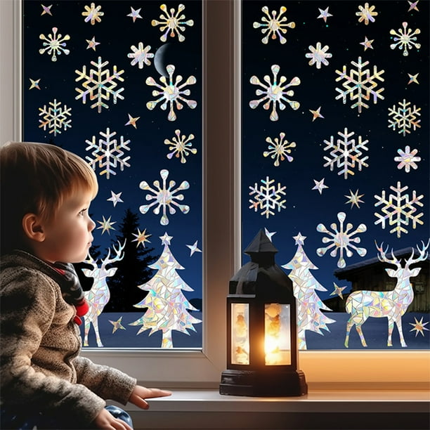 Fiudx Calcomanías Anticolisión para Ventanas, Prevención de Colisiones con Aves, Pegatinas de Copos de Nieve No Adhesivas, Diseños de Alces y Árboles Navideños, Adhesivos Reutilizables de Pvc, Juego