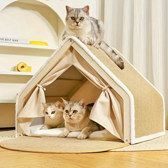 Extra Large Cat Tent Bed with Scratching Board, 2-in-1 Cat Cave House for Indoor Cats, Washable Cushion, Wooden Frame Cat Shelter for Multiple Cats, Cozy Pet Furniture