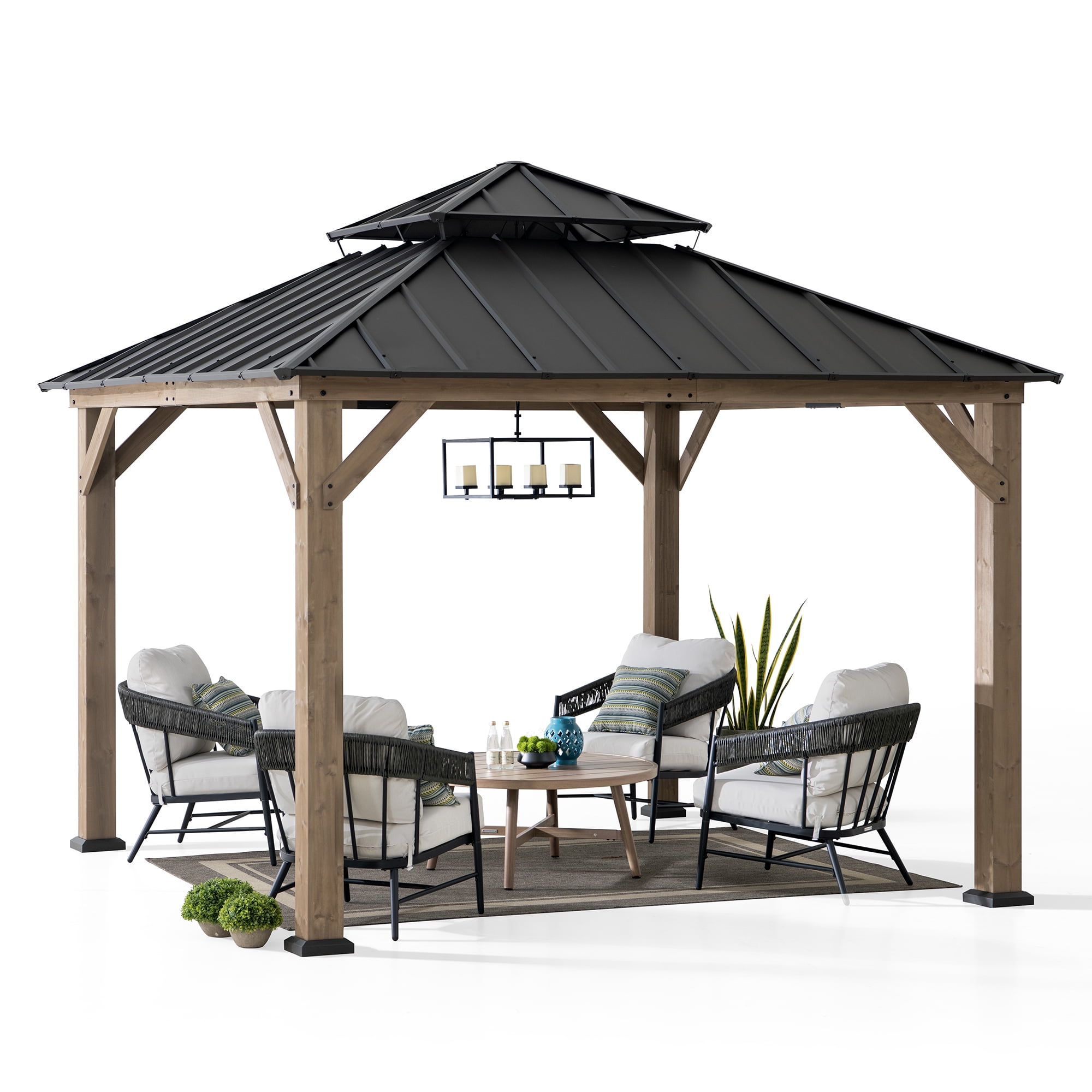 Sunjoy 11 x 11 ft Outdoor Wooden Gazebo Patio Steel Hardtop Gazebo with Cedar Frame and Ceiling Hook Wood Gazebo with 2-tier Metal Roof for Patios, Lawn, and Backyard, Brown