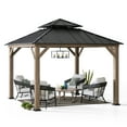 thumbnail image 3 of Sunjoy 11 x 11 ft Outdoor Wooden Gazebo Patio Steel Hardtop Gazebo with Cedar Frame and Ceiling Hook Wood Gazebo with 2-tier Metal Roof for Patios, Lawn, and Backyard, Brown, 3 of 11