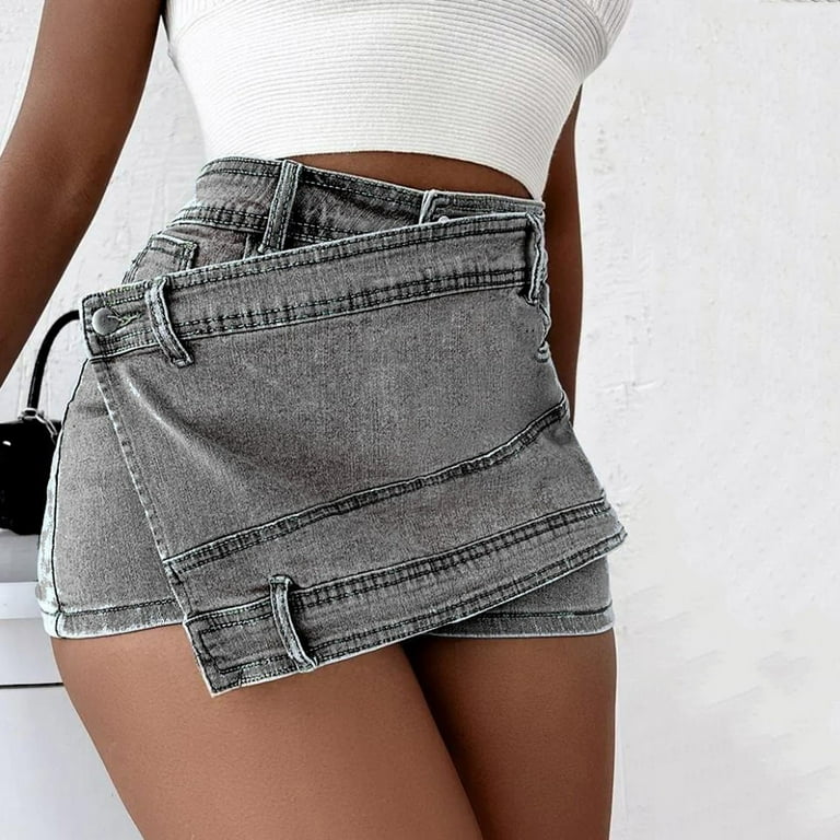Summer Clearance Women's Casual Wrap Button Front Asymmetrical Jean Denim  Skort Skirt Shorts Wyongtao