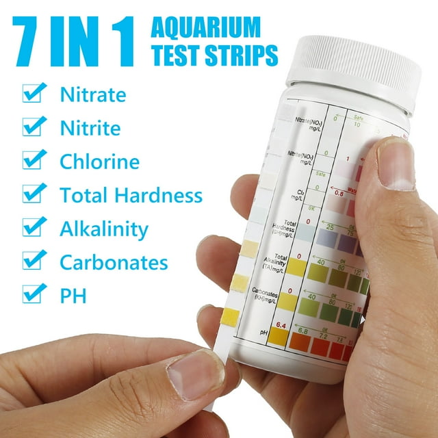 Muyoka Tiras de prueba de acuario, 100 tiras Kit de prueba de acuario para agua dulce salada, tiras de prueba de estanque para pruebas de peceras Ph, alcalinidad, nitrito Muyoka Hogar