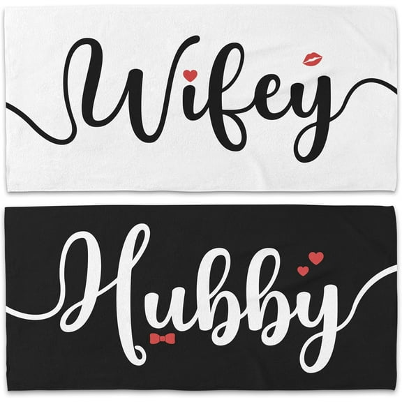 Couple Wifey Hubby Beach Towel Set of 2, Honeymoon Wedding Beach Towels Gifts for Bride Groom Valentines Him Her, Black and White Beach Towels Oversized Decor for Bathroom 30x60in