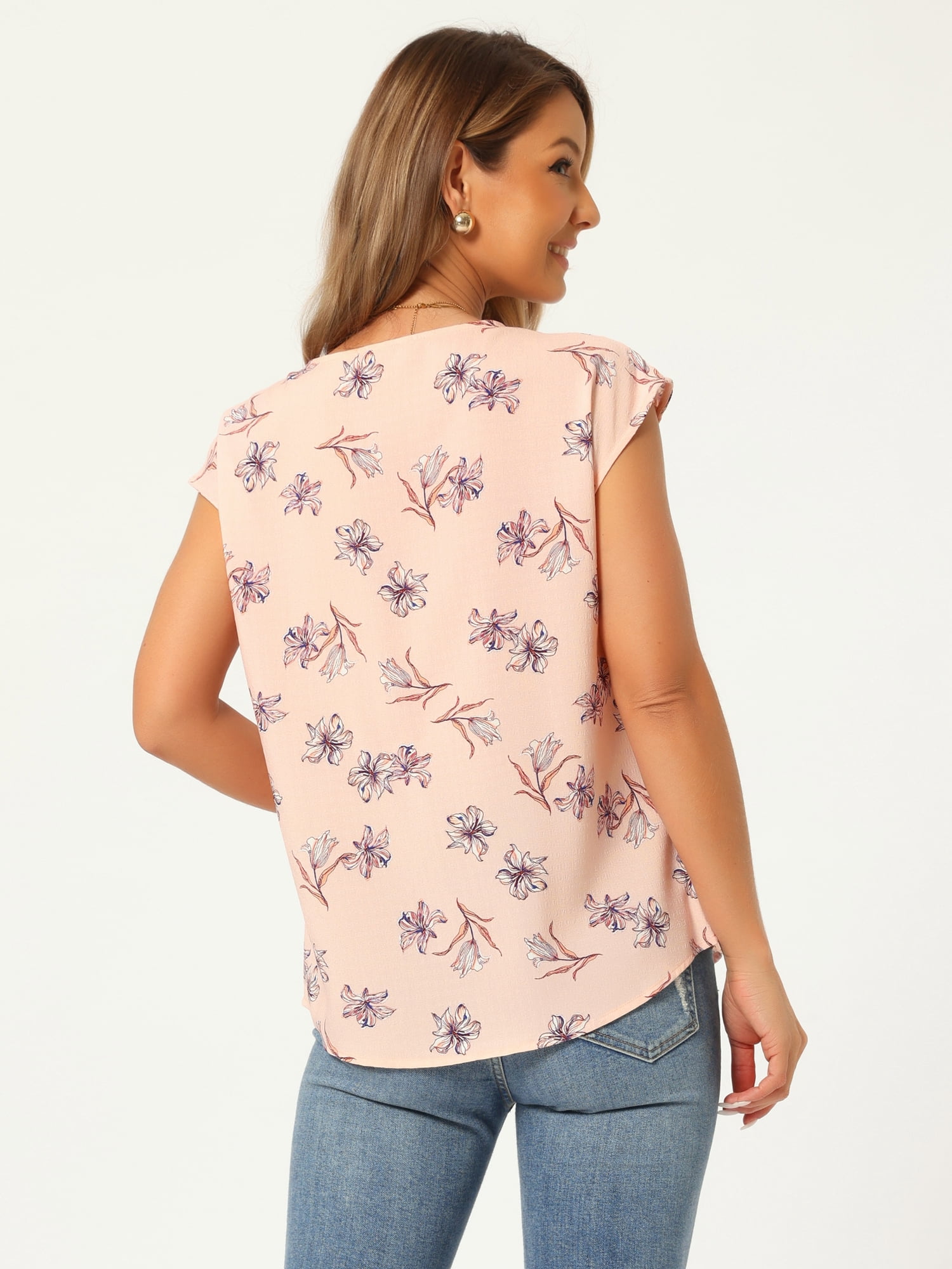 DARING DIVA Women's Floral Shirt V Neck Cap Sleeve Smocked Shoulder Tops XL Pink