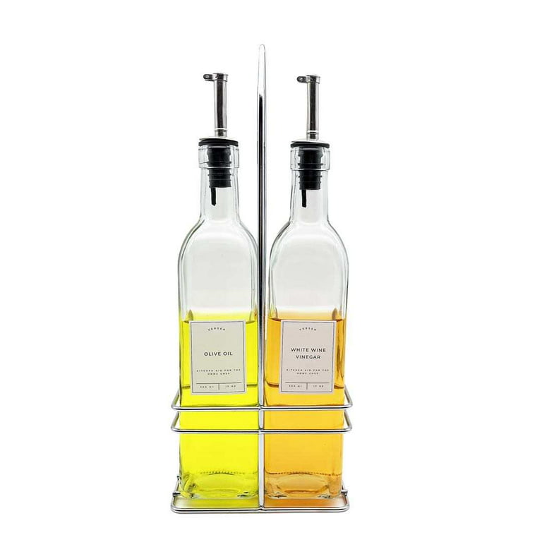 Set of 2 Glass Bottle Oil Vinegar Dispensers Cruets Lever Release Pourer, 17oz, Clear