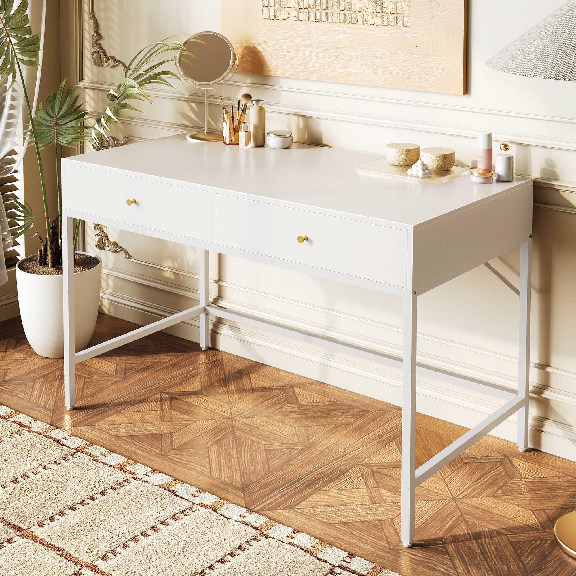 Amadwell 39 Inch White Vanity Desk with 2 Drawers, Small Makeup Vanity Computer Desk for Bedroom
