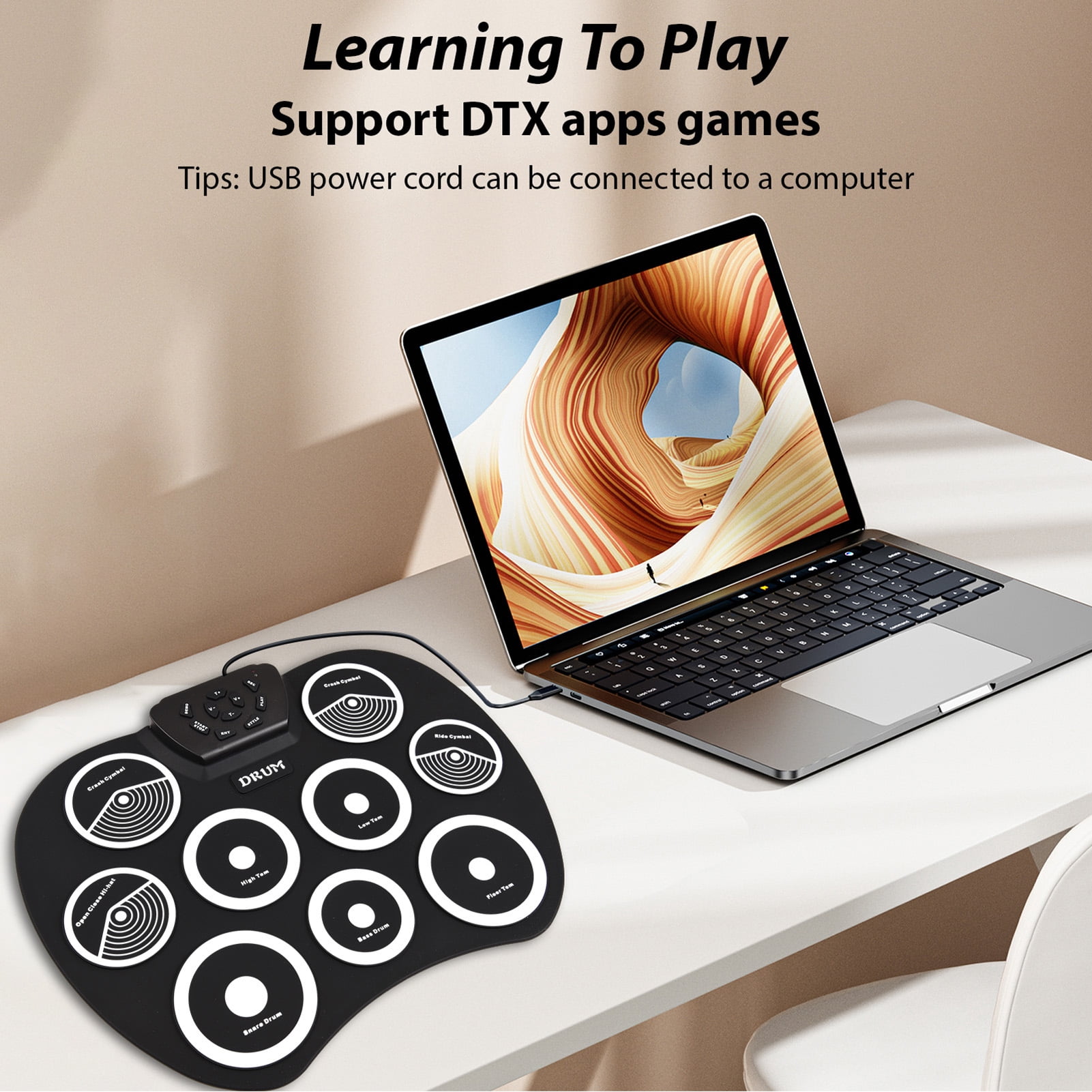YAHHU Electronic Drum Set Hand Roll Practice Pad Kit 9 Pads MIDI Interface Portable Tabletop Electric Drums with Foot Pedals and Drumsticks for Holiday Birthday Gifts 16.1 Inches