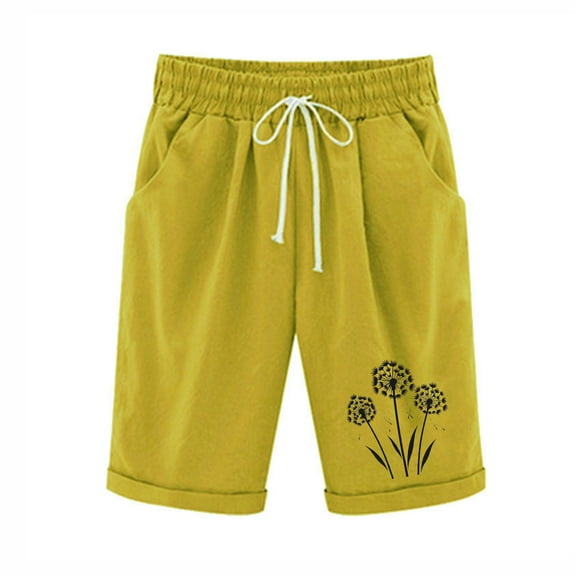 SHTXOZHI Knee Length Shorts for Women Wide Leg Print Shorts Elastic Waist Drawstring Shorts with Pockets