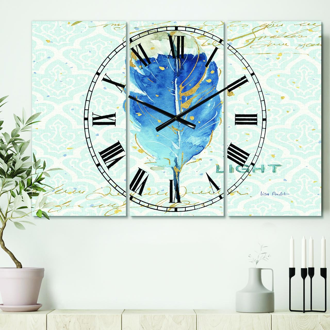 Designart 'Blue Damask Feather' Farmhouse wall clock