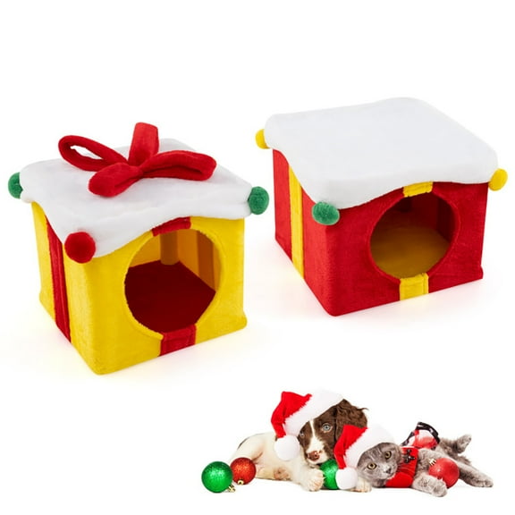 Spaco 2 Gift Box Shaped Cute Christmas Cat House with Bow, Cat Houses for Indoor as Home, Multicolor