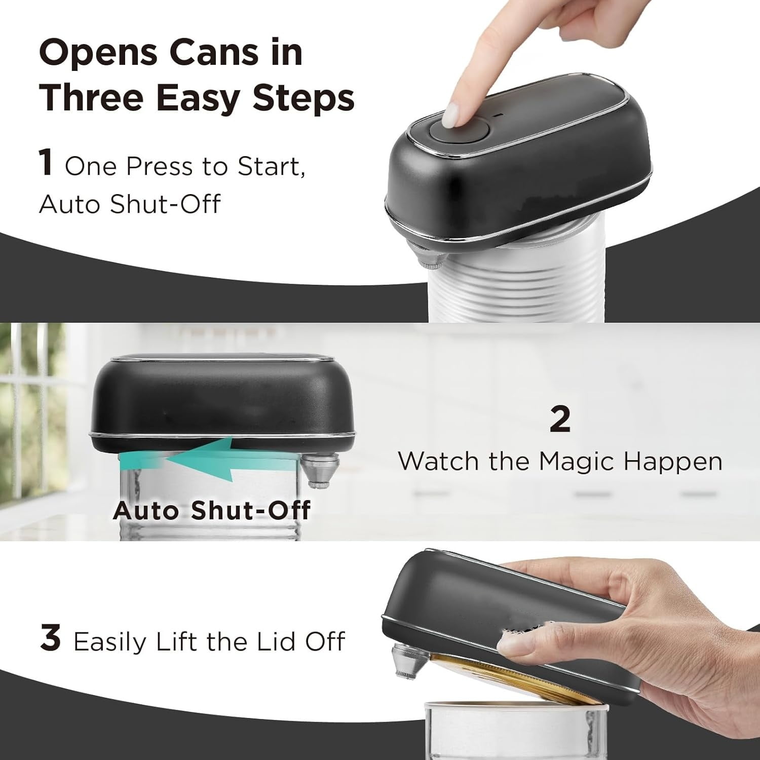 Orbit One Rechargeable Electric Can Opener: Hands-free, USB-C Charging, Automatic Stop, Smooth Edge, Safety, Blade for Large Cans, Heavy Duty, Soda and Pop Can, with Storage Box (Black)