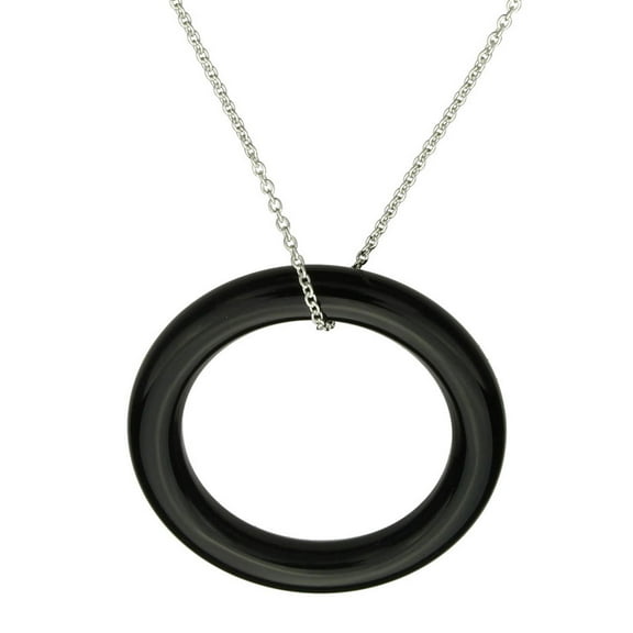 Large Black Onyx Stone Circle Ring Pendant Sterling Silver Cable Chain Necklace, 22"