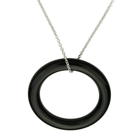 Black Onyx Pendant Necklace - Large Black Onyx Stone Circle Ring Pendant Sterling Silver Cable Chain Necklace, 22