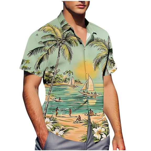 Bixock Casual Tops for Men,Short Sleeve Shirts for Men,Shirts for Men Summer Short Sleeve Collar Hawaiian Print Hidden Button Pocket Casual Tops