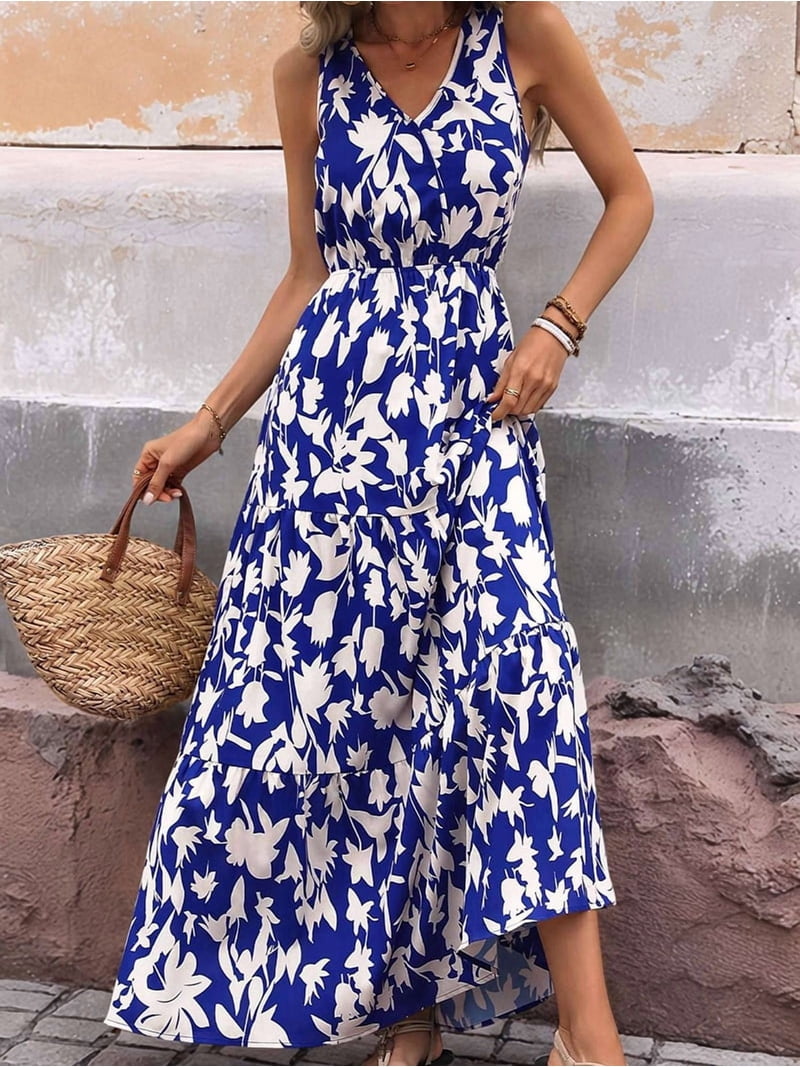 Women'S Summer Dresses Casual Sleeveless Maxi Dresses Cute Floral Long Dress Wedding Guest Dress Blue S