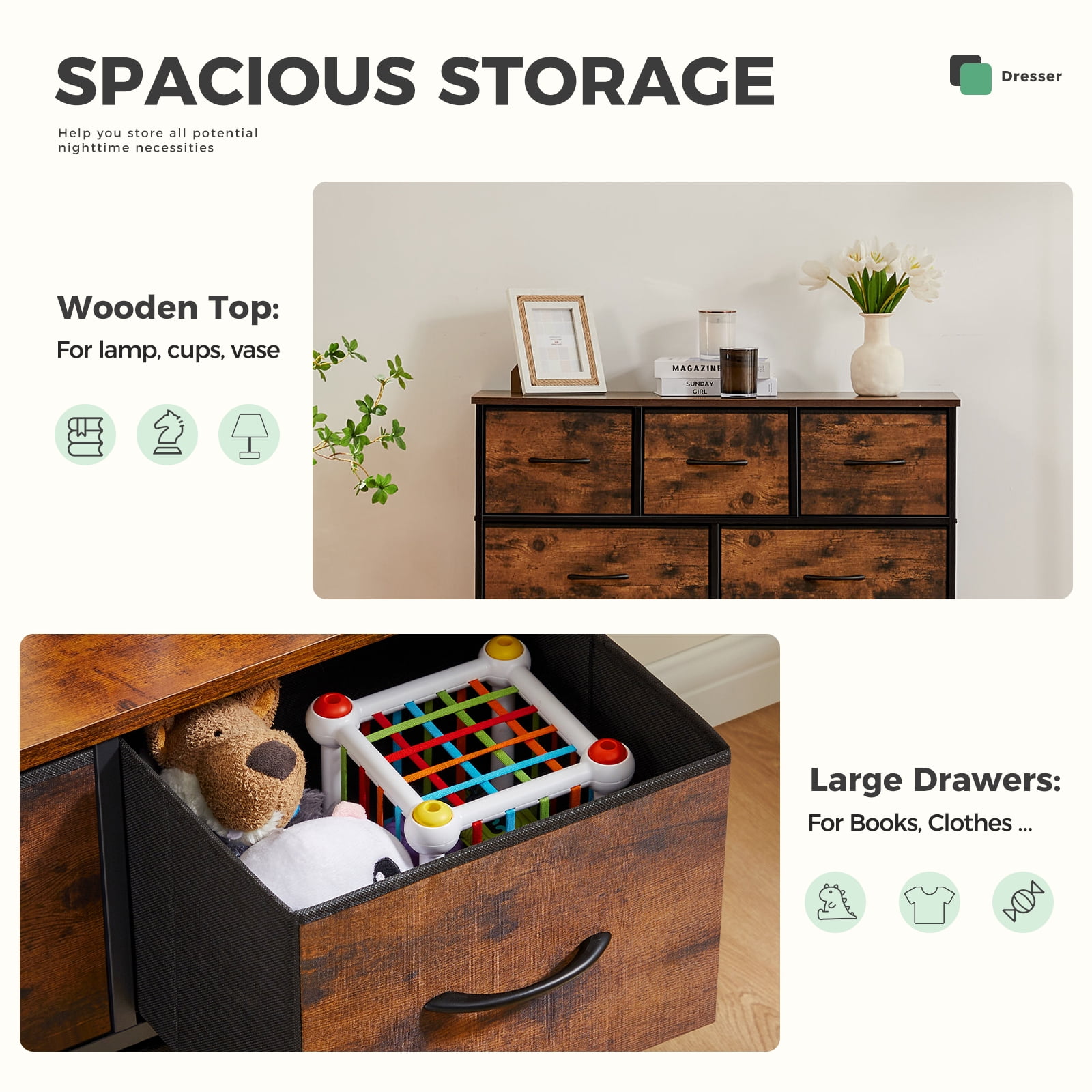 Aukfa 9 Drawer Dresser,Tall Fabric Dresser & Chest of Drawers for Bedroom,Metal Frame,Brown