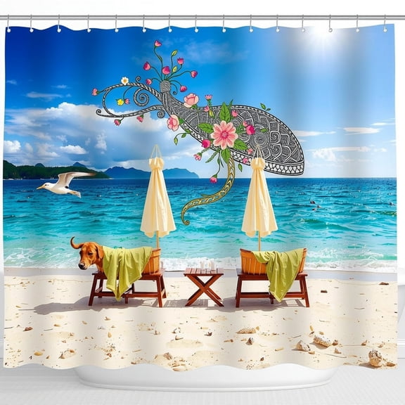 Whimsical Beach Scene Shower Curtain - Colorful Dog & Floral Design