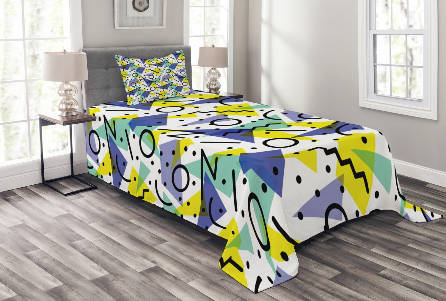 Modern Bedspread Set Twin Size, Geometrical Retro 80s Themed Image with