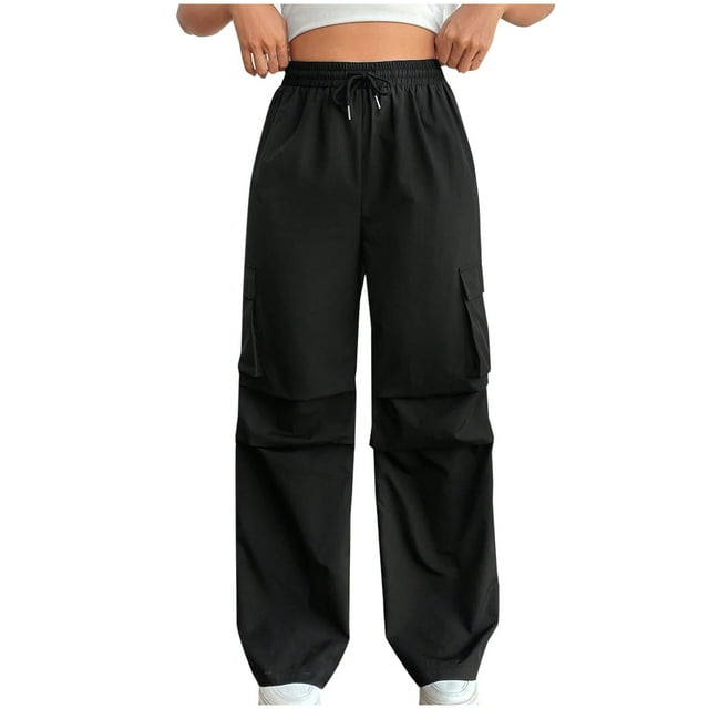 Cameland Women Wide Leg Cargo Pants Solid Color Casual Loose Drawstring Sweatpants Workwear Pants