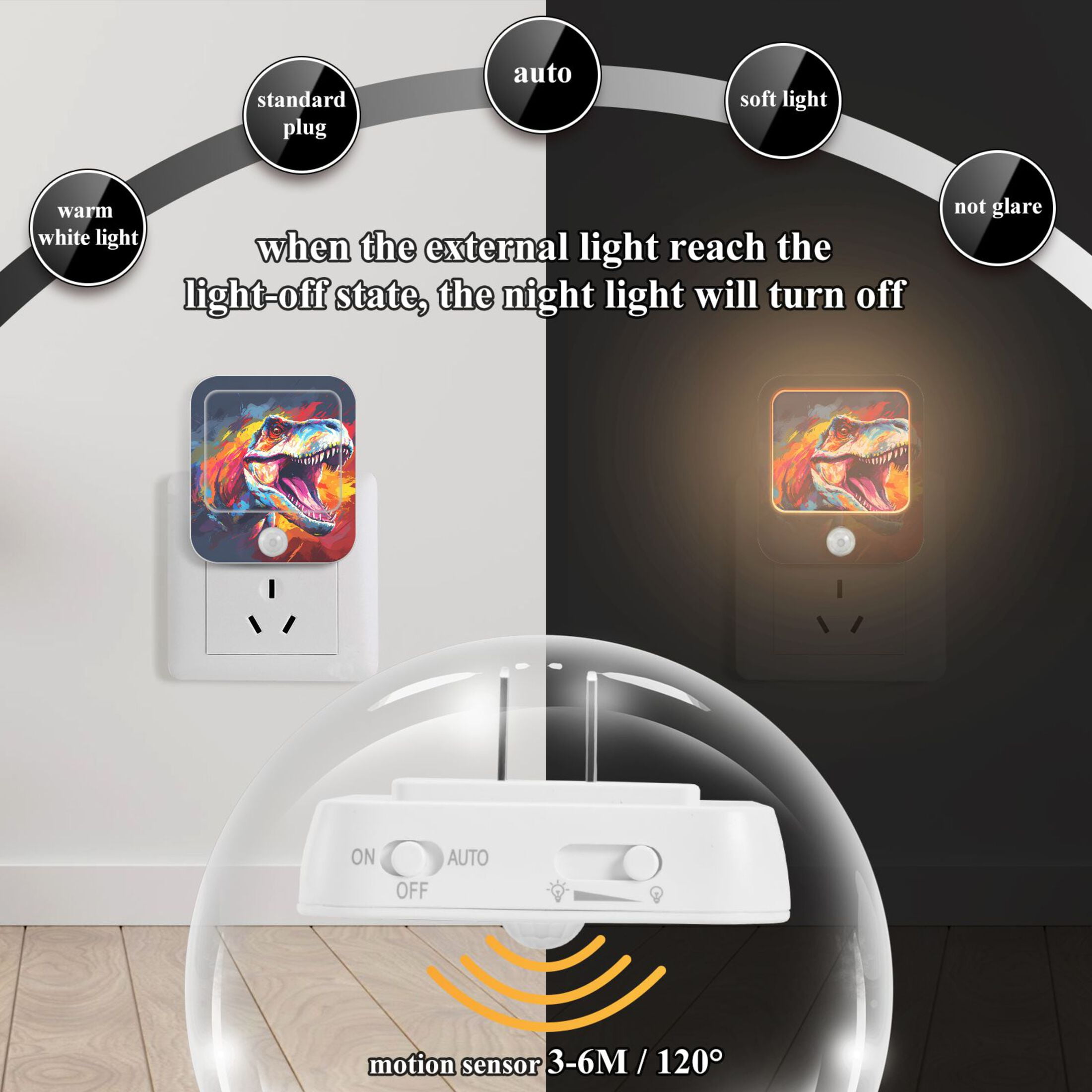 Dinosaur Head Colorful Night Lights Plug into Wall LED with Auto Light Sensor Warm Light for Kids Hallway Bedroom Living Room Kitchen Bathroom Set of 2