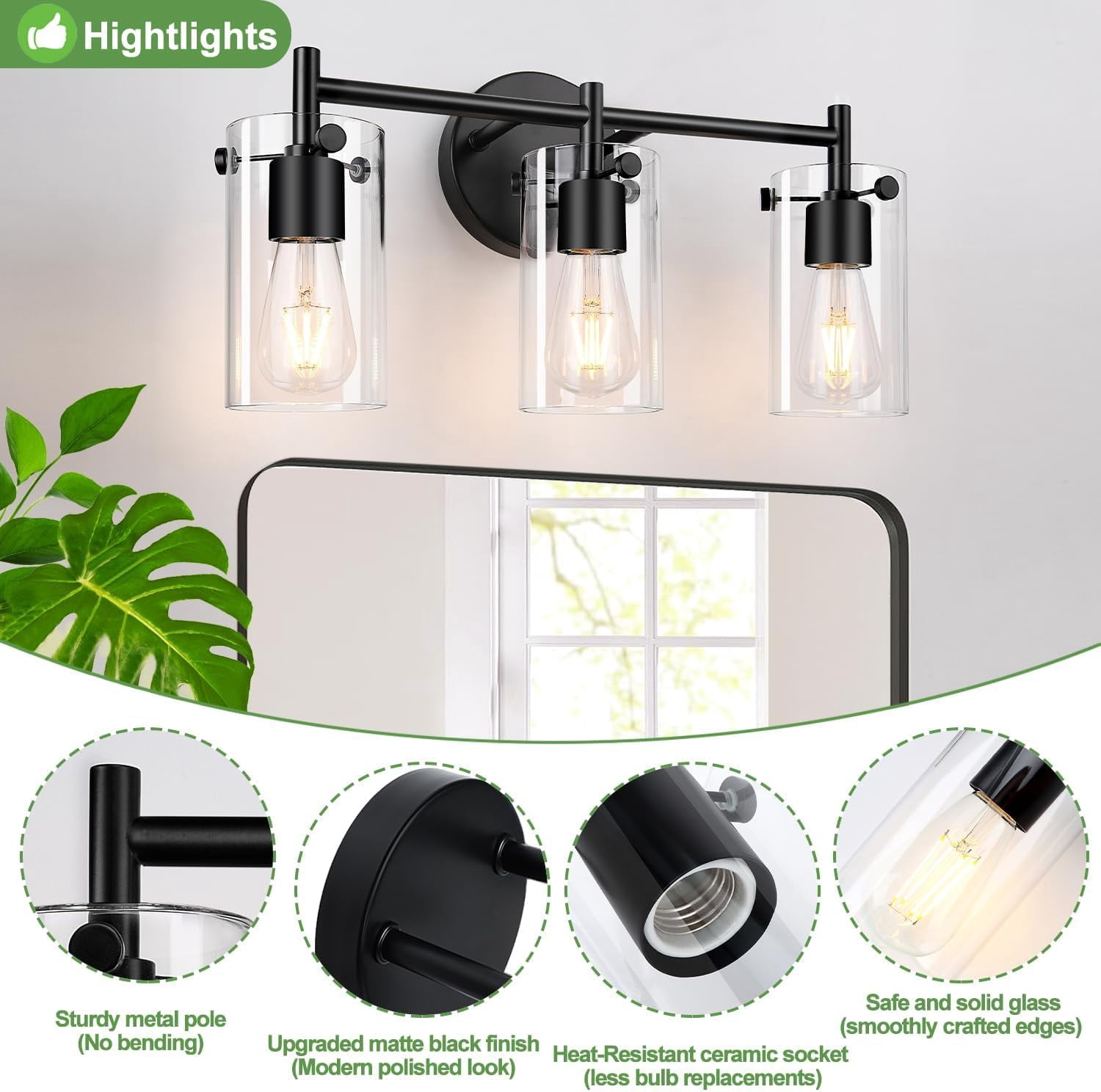 Binsuca Bathroom Light Fixtures, 3-Light Matte Black Bathroom Vanity Light, Black Bathroom Lights Over Mirror with Clear Glass Shade, Bathroom Wall Sconces for Mirror Bedroom Living Room Hallway
