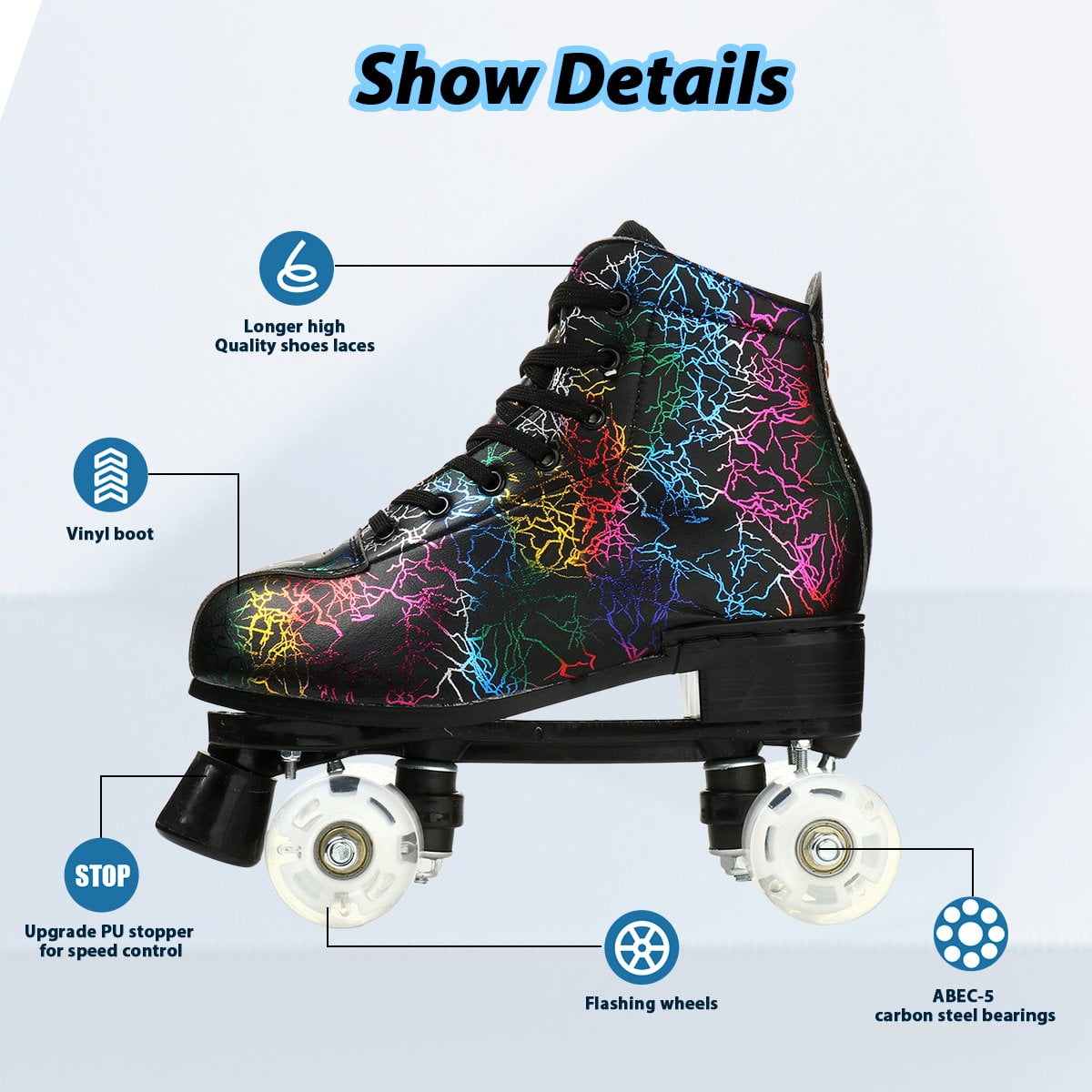 EONROACOO Womens Girls Boys Black Roller Skates Adult Light up Quad Skates(Women 7/Men 6)