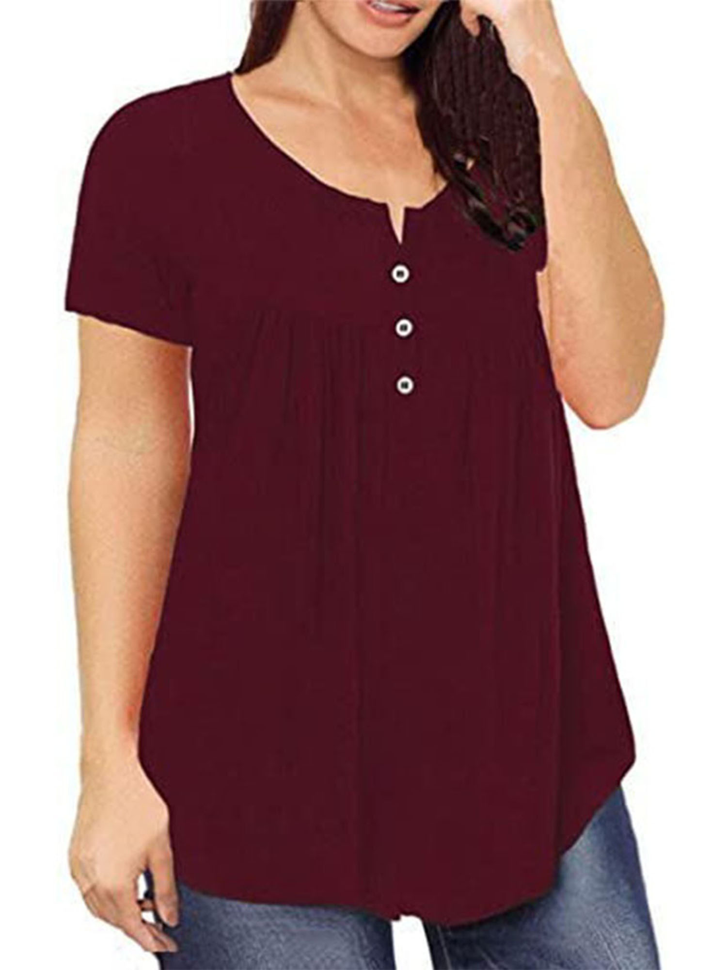Avamo Womens Plus Size Plain Flowy Swing Henley Tops V Neck Button Up