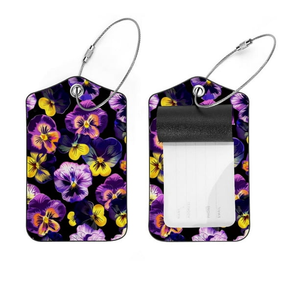 PhooArto 2 Pcs Purple Pansy Floral Skull Pattern Luggage Tag for Suitcases, Leather Baggage Tags Identifiers for Travel, Stainless Steel Loop Name ID Label for Women Bag Backpack