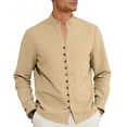 thumbnail image 5 of Maqroz Men's Mandarin Collar Shirt Long Sleeve Button Up Linen Cotton Casual Dress Shirt Solid Color Business Work Office Tops, 5 of 9