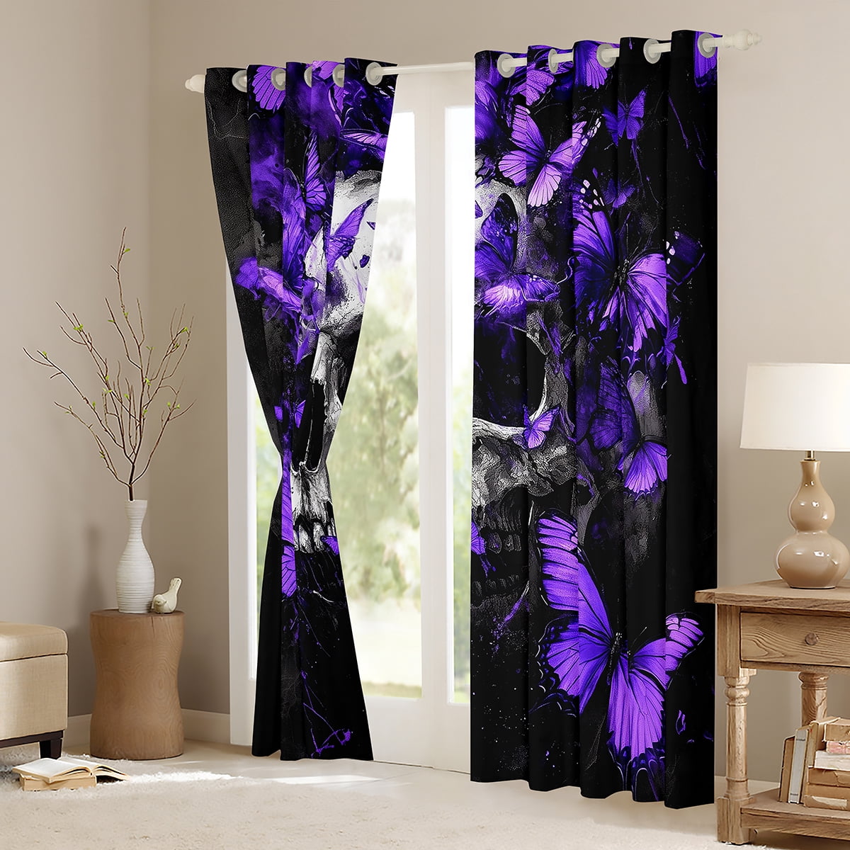Manfei Spooky Halloween Skull Black Out Curtains,Cute Butterflies Curtains Pack of 2 (42x63 Each),Purple Black Bedroom Curtains For Girls Boys,Super Cozy Room Decor