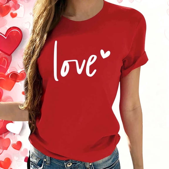 Guzom Womens Red Love Heart Graphic Crew Neck Rolled Short Sleeve Relaxed Fit Polyester Spandex Casual T-Shirt for Valentine's Day Daily Wear,Size 2XL