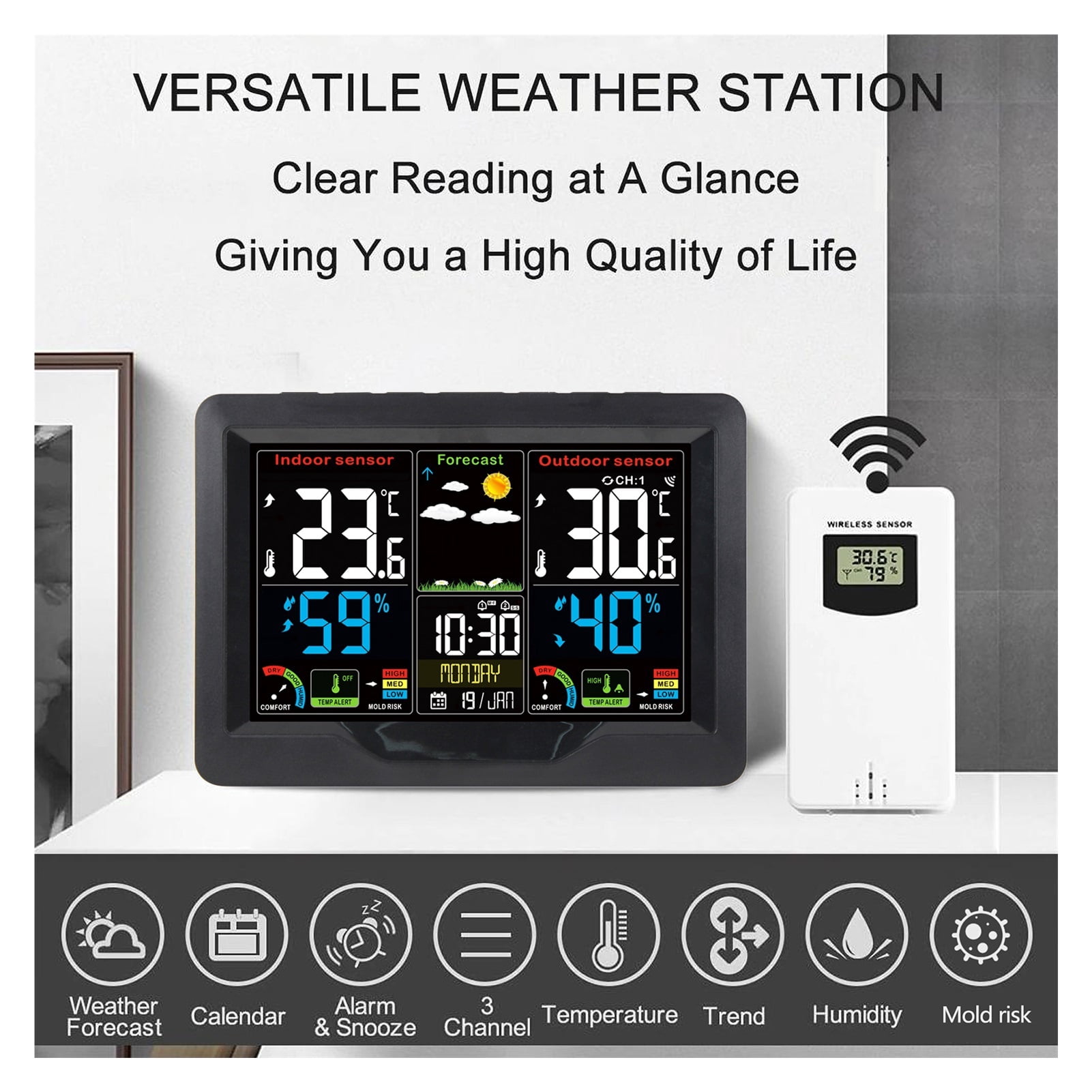 Weather Forecast Station Clock  Indoor Outdoor Color Screen Clock with  Transmitter Digital Temperature and Humidity