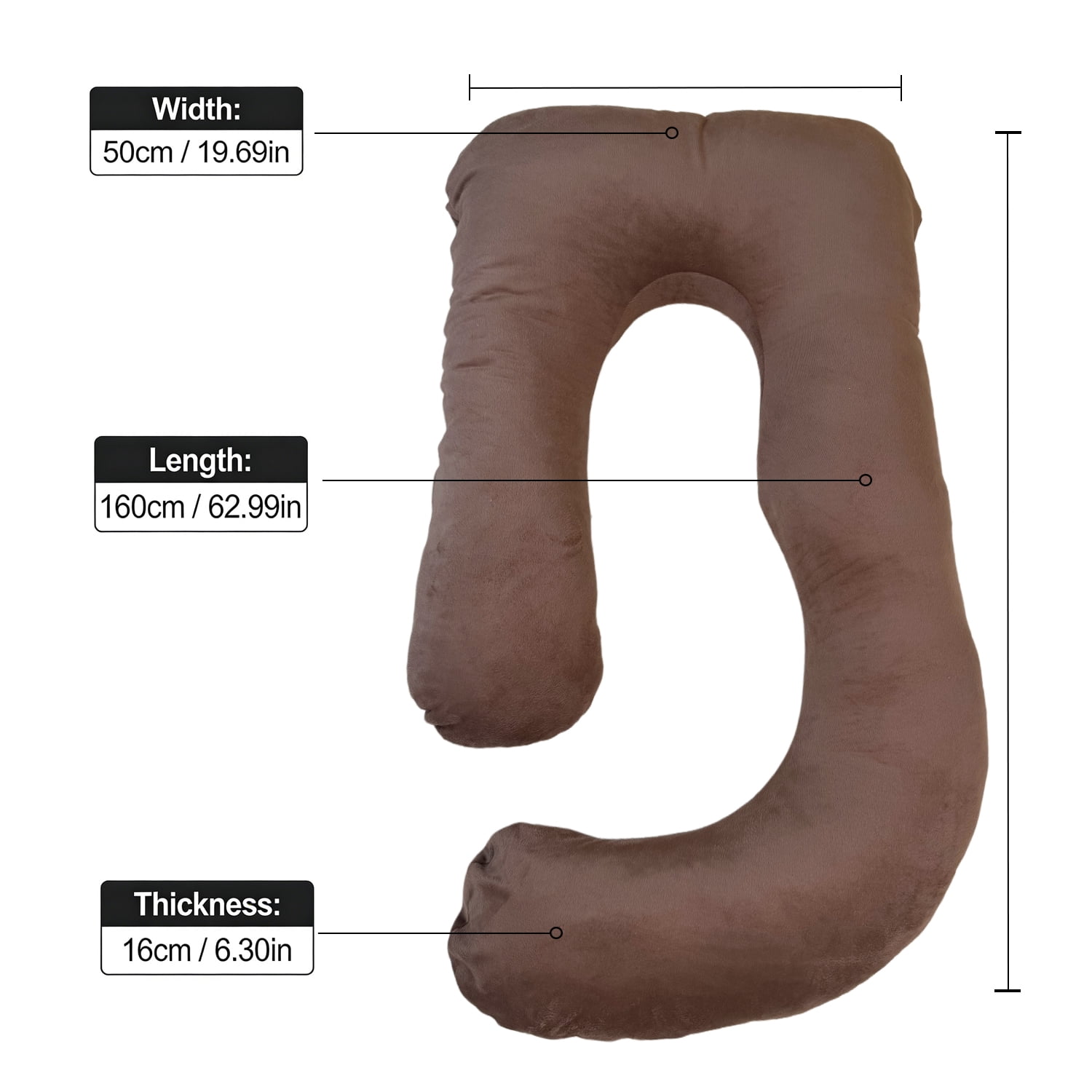 J-Shaped Pregnancy Pillow (65" x 16" x 8") - Full Body Maternity Support Pillow for Back, Hip and Belly Pain Relief, Coffee
