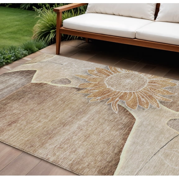 9' X 12' Brown Beige And Taupe Floral Washable Indoor Outdoor Area Rug